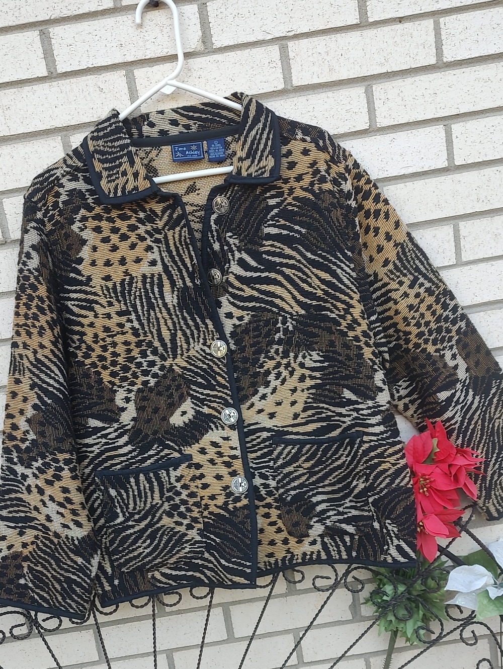 Jane Ashley Animal-Print Knit Jacket - Black & Tan